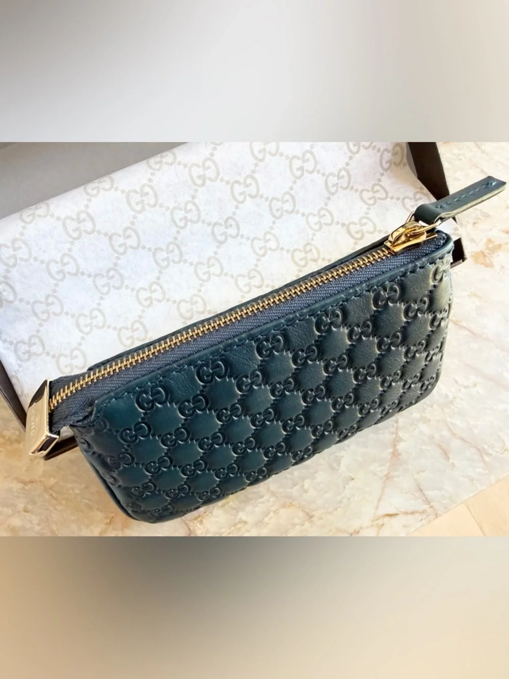 New GUCCI Teal Leather Guccissima Micro GG Coin Key Chain Case w/ Box